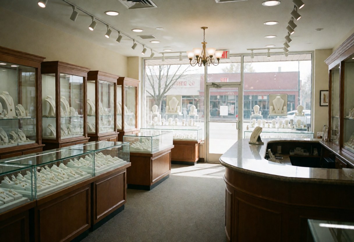 Bright and modern jewelry store interior featuring glass display cases, a wooden counter, and natural light streaming through large windows.