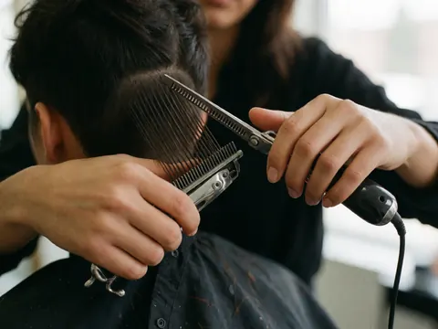 Close-up of a barber holding professional scissors and a comb, highlighting tools used in a realistic barbershop setting with natural lighting.