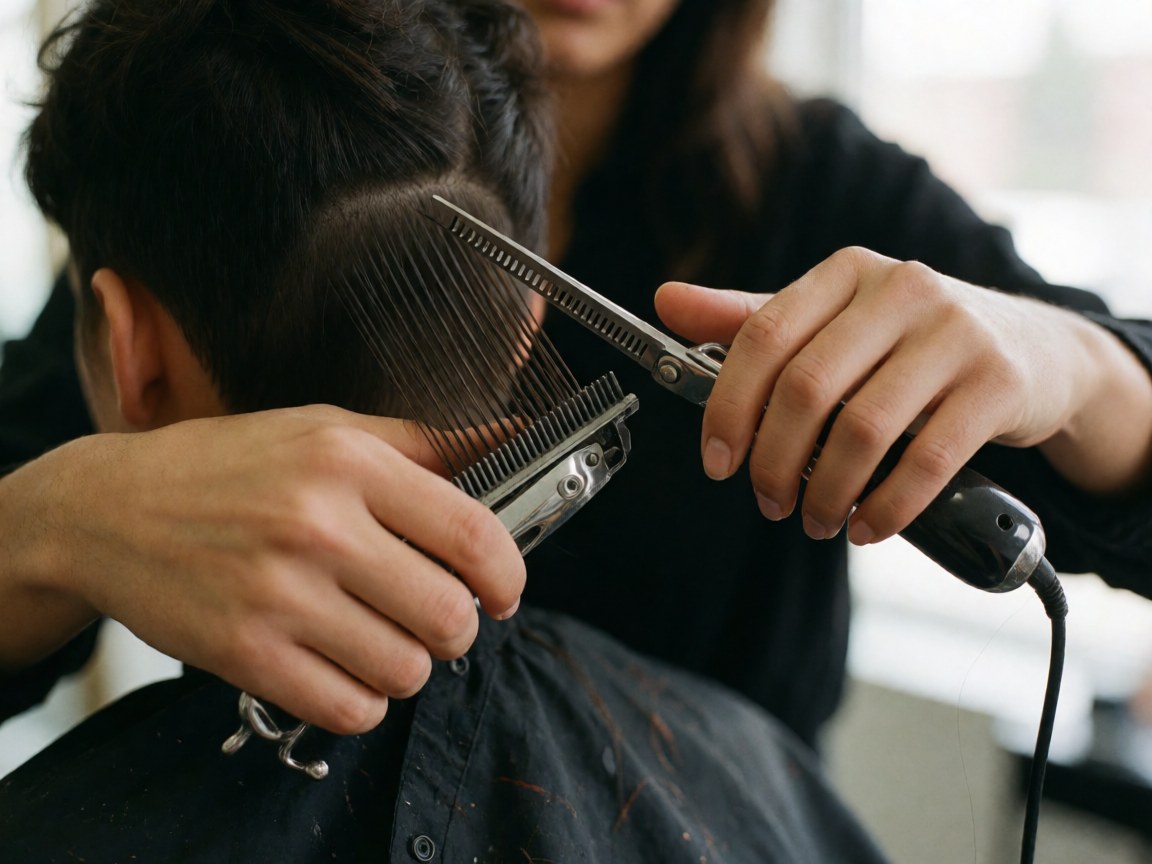 Close-up of a barber holding professional scissors and a comb, highlighting tools used in a realistic barbershop setting with natural lighting.