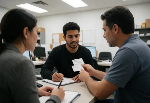 A teacher instructing students on vocabulary using flashcards and notebooks in a professional office environment with natural light.