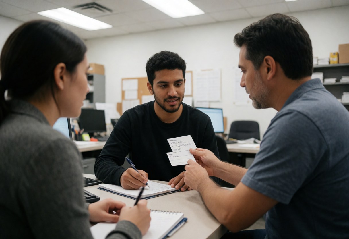 A teacher instructing students on vocabulary using flashcards and notebooks in a professional office environment with natural light.