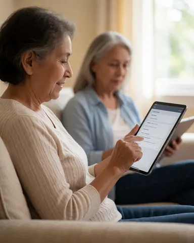 A smiling senior woman uses a tablet in a sunlit living room with another person in the background, creating a warm and realistic scene.