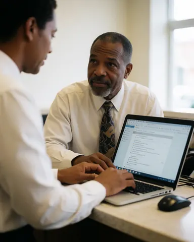 A professional man in formal attire sits at a modern office reception desk, using a laptop and keyboard while facing a computer screen near a window with natural light.