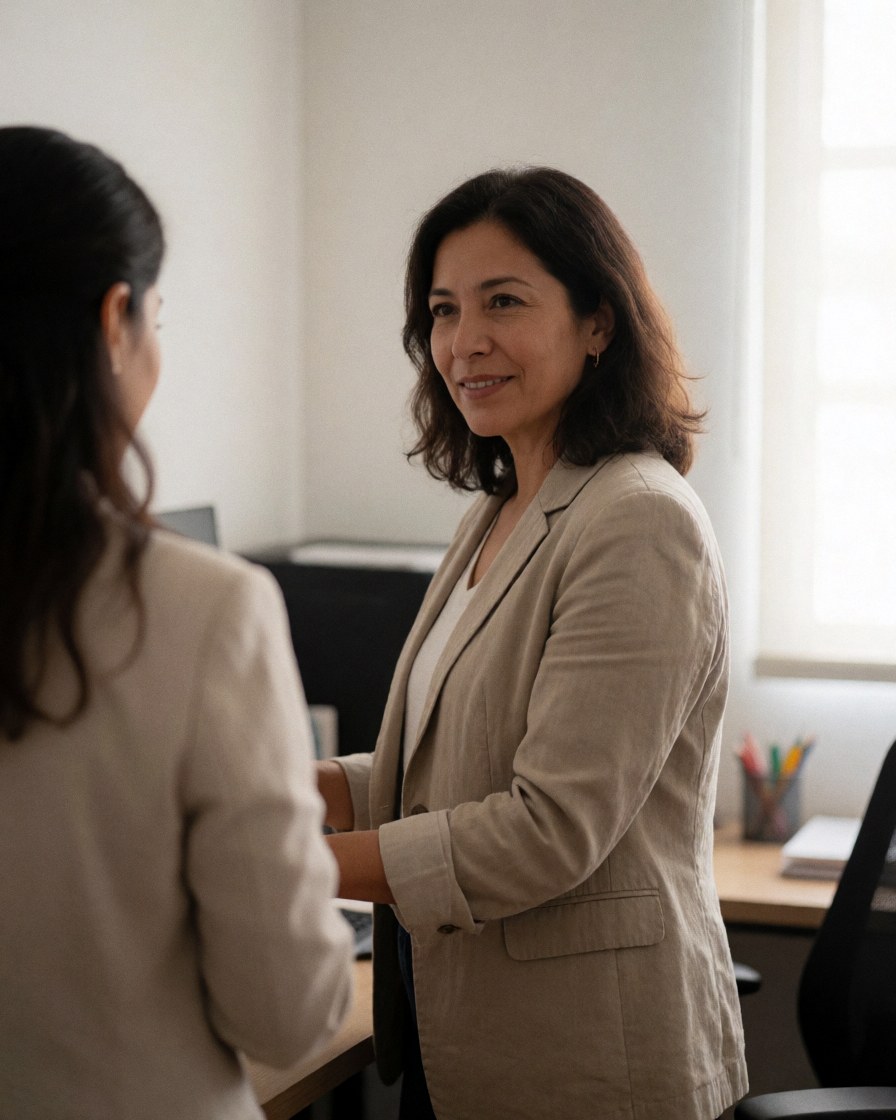 A professional woman in a blazer sits at a desk with a laptop and documents, representing nonprofit leadership and community work.
