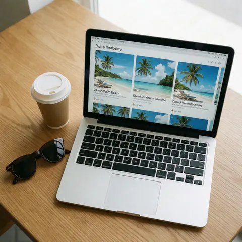 Laptop displaying a tropical beach itinerary on a wooden table alongside coffee and sunglasses for travel planning