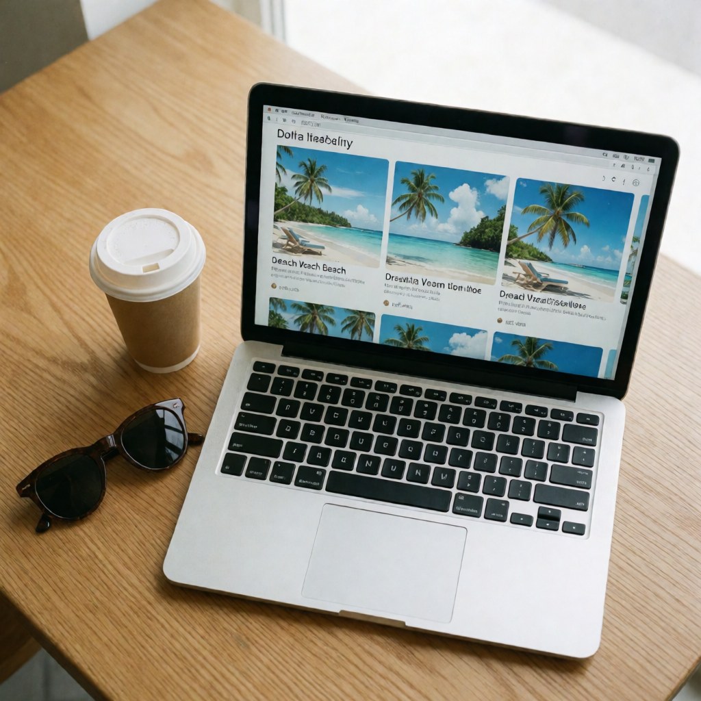 Laptop displaying a tropical beach itinerary on a wooden table alongside coffee and sunglasses for travel planning