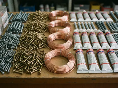 Neatly arranged hardware store inventory including screws, wire, adhesive, and various metal and wooden materials on a counter.