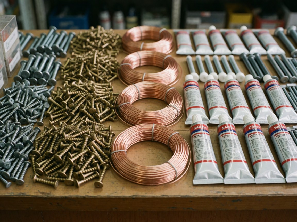 Neatly arranged hardware store inventory including screws, wire, adhesive, and various metal and wooden materials on a counter.