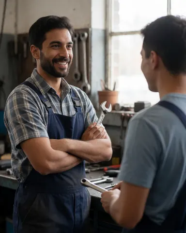Smiling technician holding a wrench while talking with a colleague in a repair shop filled with tools and equipment.