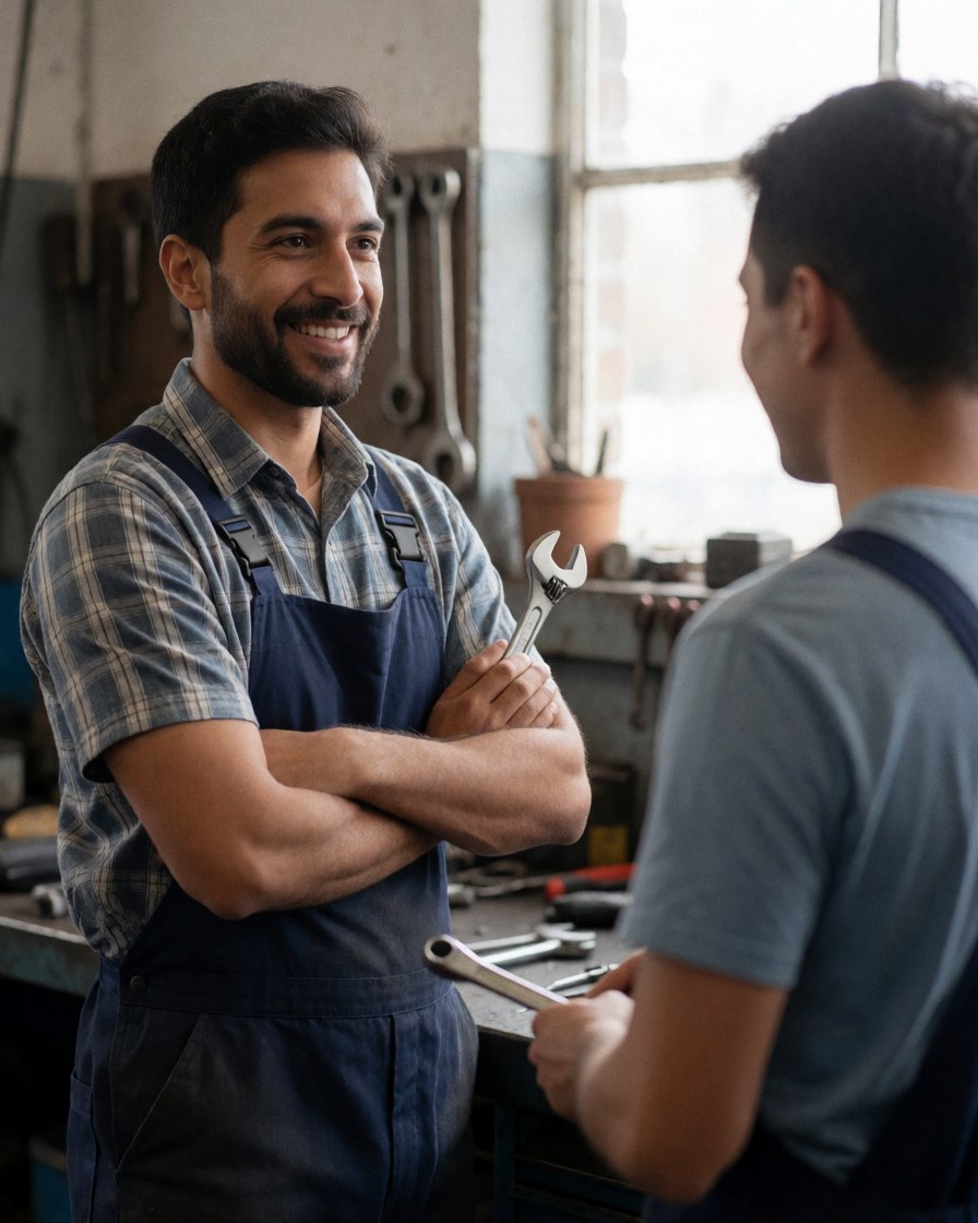 Smiling technician holding a wrench while talking with a colleague in a repair shop filled with tools and equipment.