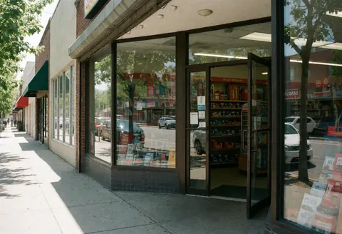 Hardware store facade with open glass doors revealing product shelves and street reflections on the window
