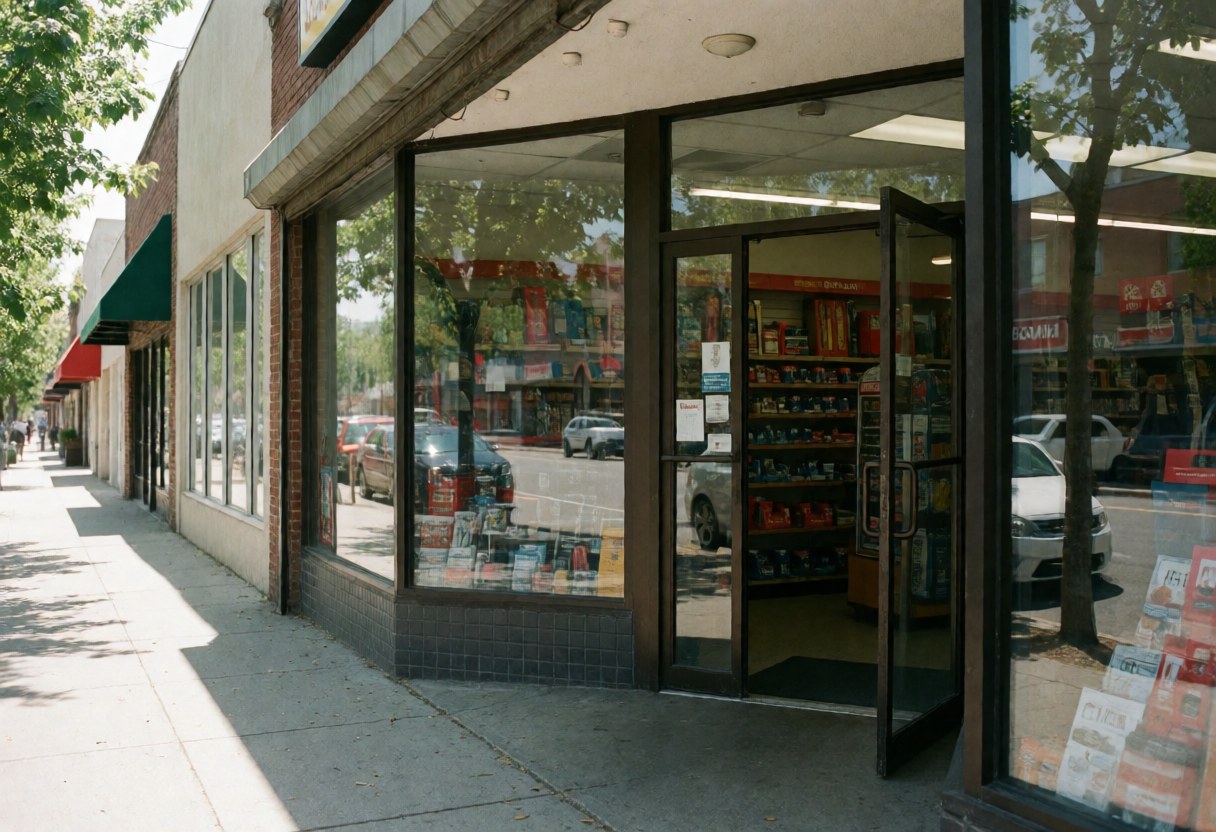 Hardware store facade with open glass doors revealing product shelves and street reflections on the window