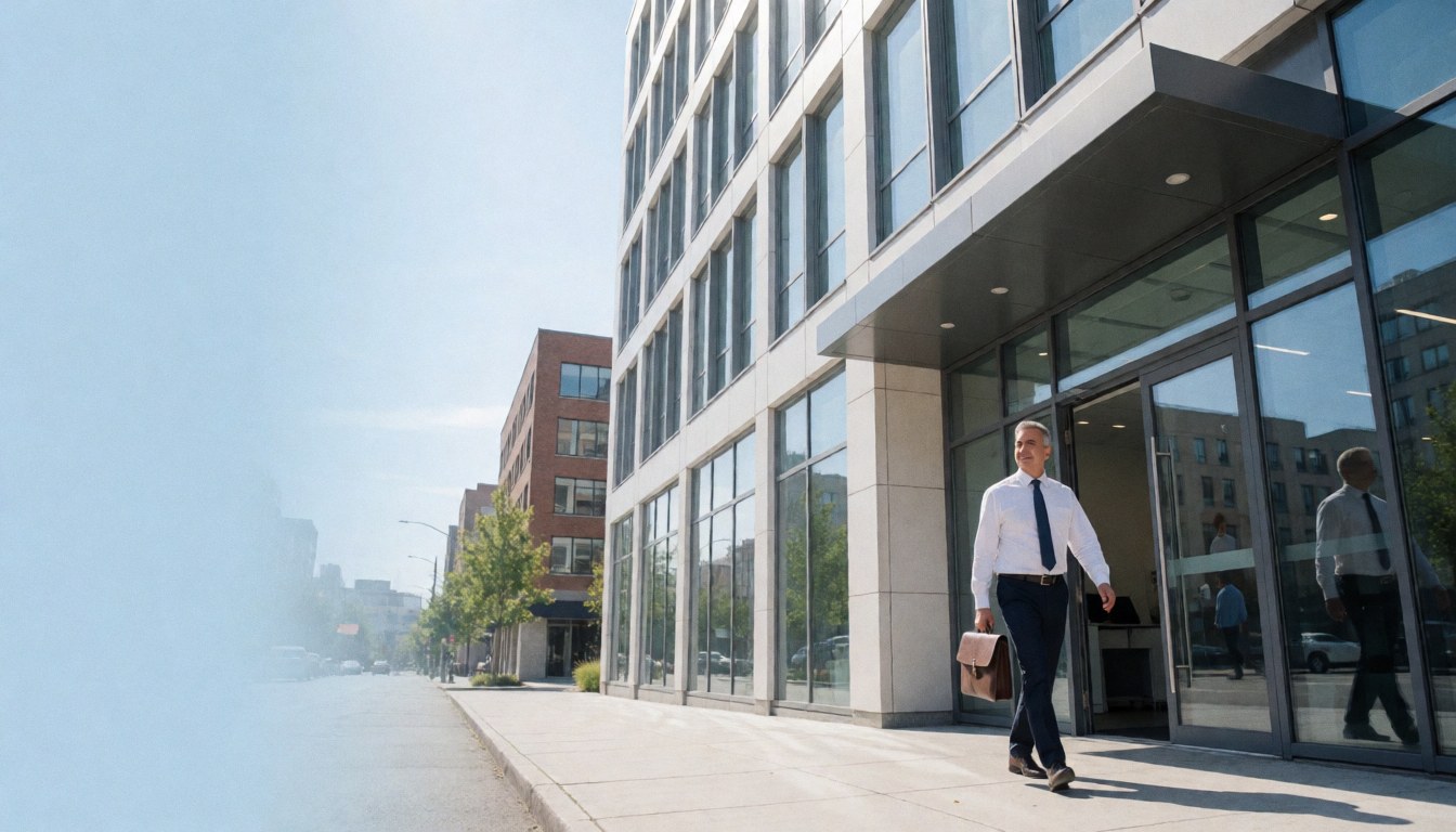 A male accountant carrying a briefcase walks toward the entrance of a modern corporate building under a clear blue sky.