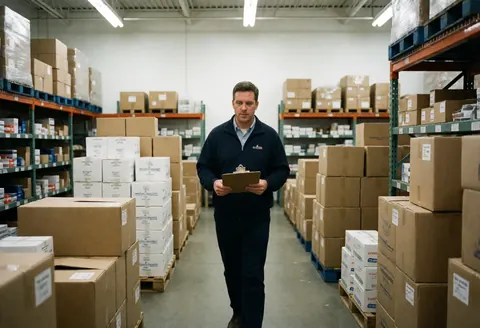 Plumbing warehouse manager walking through aisles with clipboard, shelves, and boxes for logistics and administration