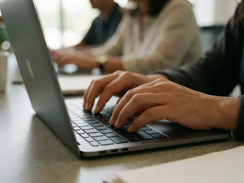 Close-up of hands typing on a laptop keyboard in a modern coworking environment with natural light and blurred background