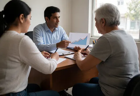 Financial advisor explains a trend chart to an older client at a wooden desk with documents and pens, lit by natural window light in an office setting.