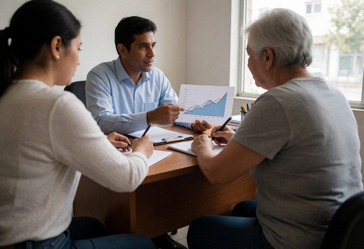 Financial advisor explains a trend chart to an older client at a wooden desk with documents and pens, lit by natural window light in an office setting.