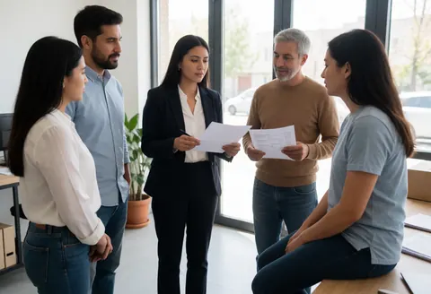 A group of people in a modern office conducting a job interview, reviewing documents and conversing with natural light coming through the windows.