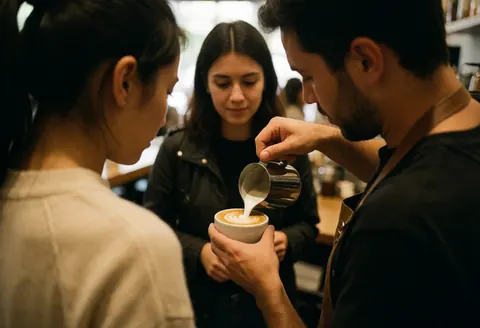 A barista carefully pours latte art while a customer watches in a warm and inviting coffee shop setting.