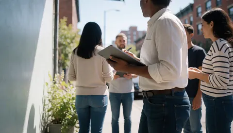 Professional event planner holding a tablet while standing on a sunny urban sidewalk surrounded by people, capturing a realistic business atmosphere for weddings and corporate events.