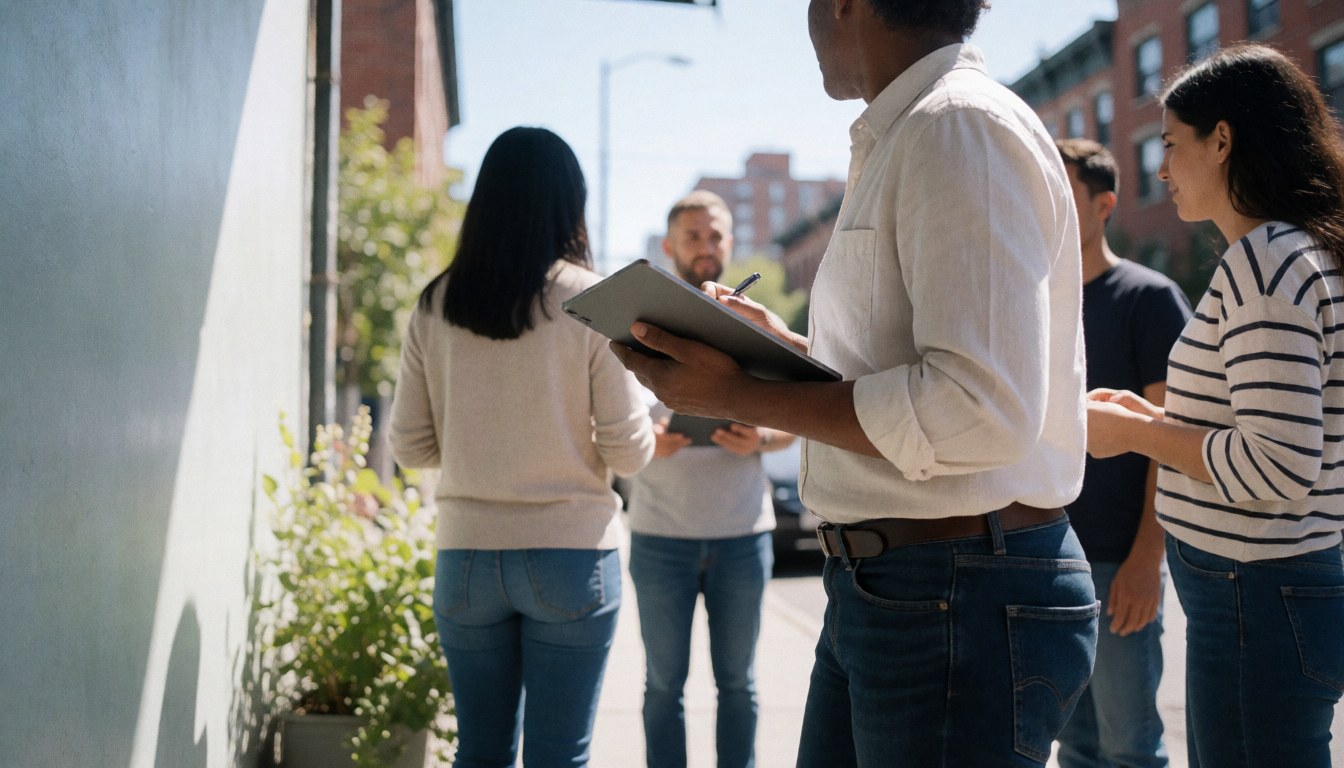 Professional event planner holding a tablet while standing on a sunny urban sidewalk surrounded by people, capturing a realistic business atmosphere for weddings and corporate events.