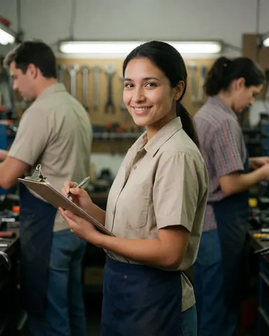 Smiling female technician holding a clipboard and pen with other workers in the background