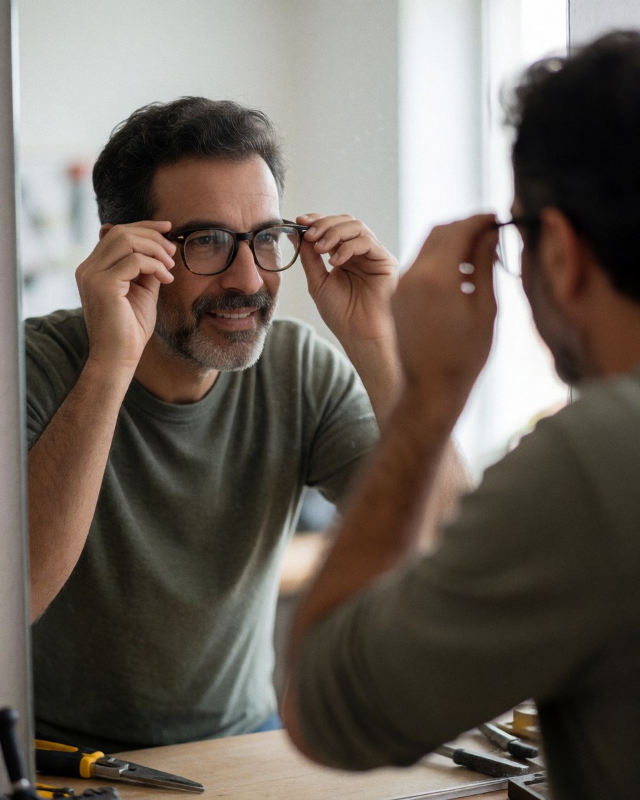 A smiling man tries on new eyeglasses in front of a mirror, adjusting the frames with both hands in a well-lit optical store interior.