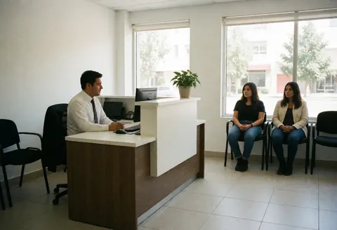 Modern security reception desk with an employee and two seated clients, featuring large windows and a clean professional interior.