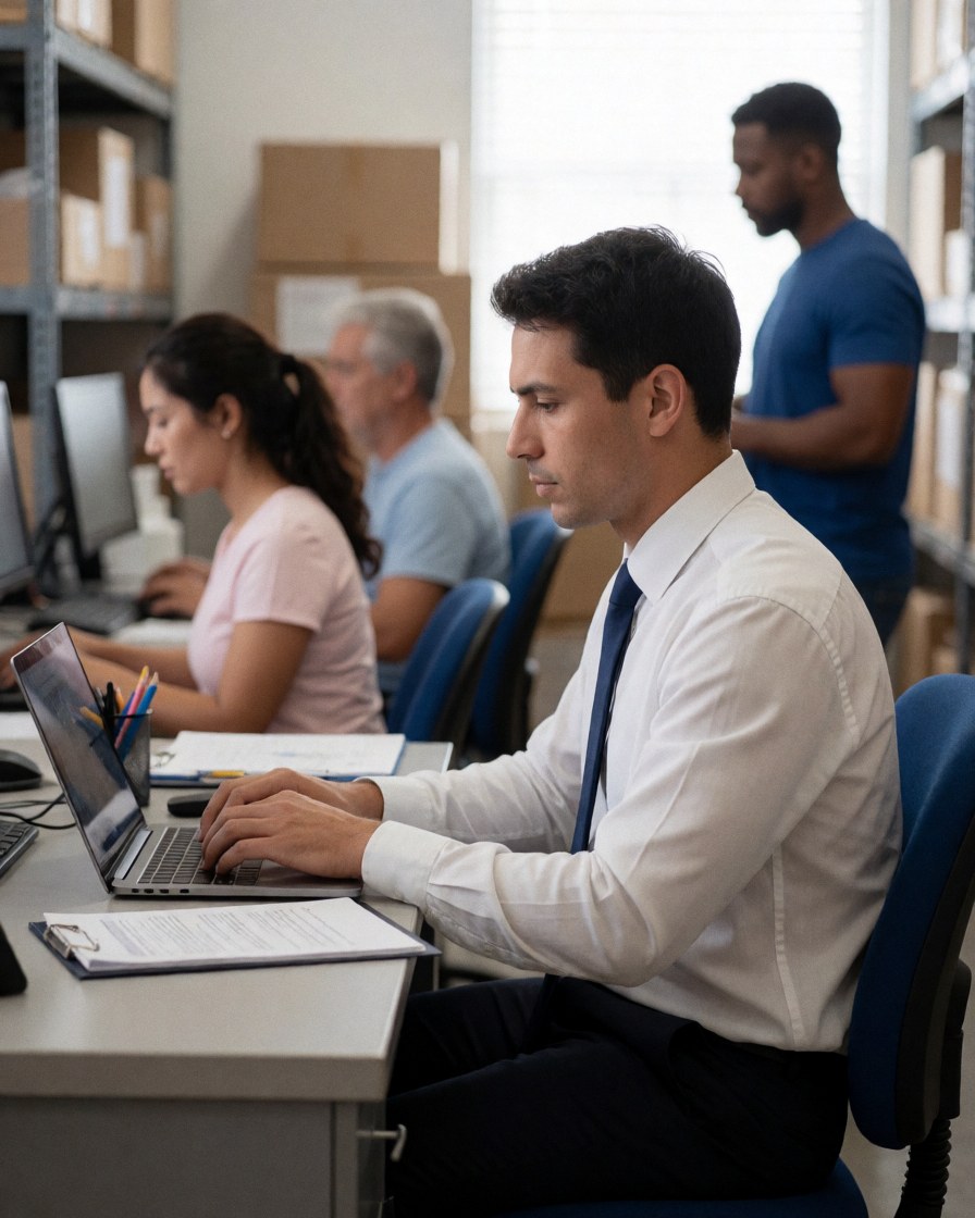 Logistics coordinator using a laptop in a warehouse office with boxes and colleagues in the background.