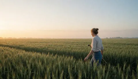 A vast green wheat field stretching into the distance under the morning sun, with a woman walking through the crops in this rural agricultural landscape.