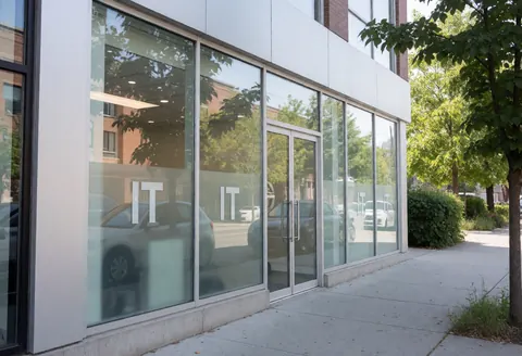 Modern IT support office building facade featuring large glass windows, glass doors, trees on the sidewalk, natural lighting, and a clean professional appearance.