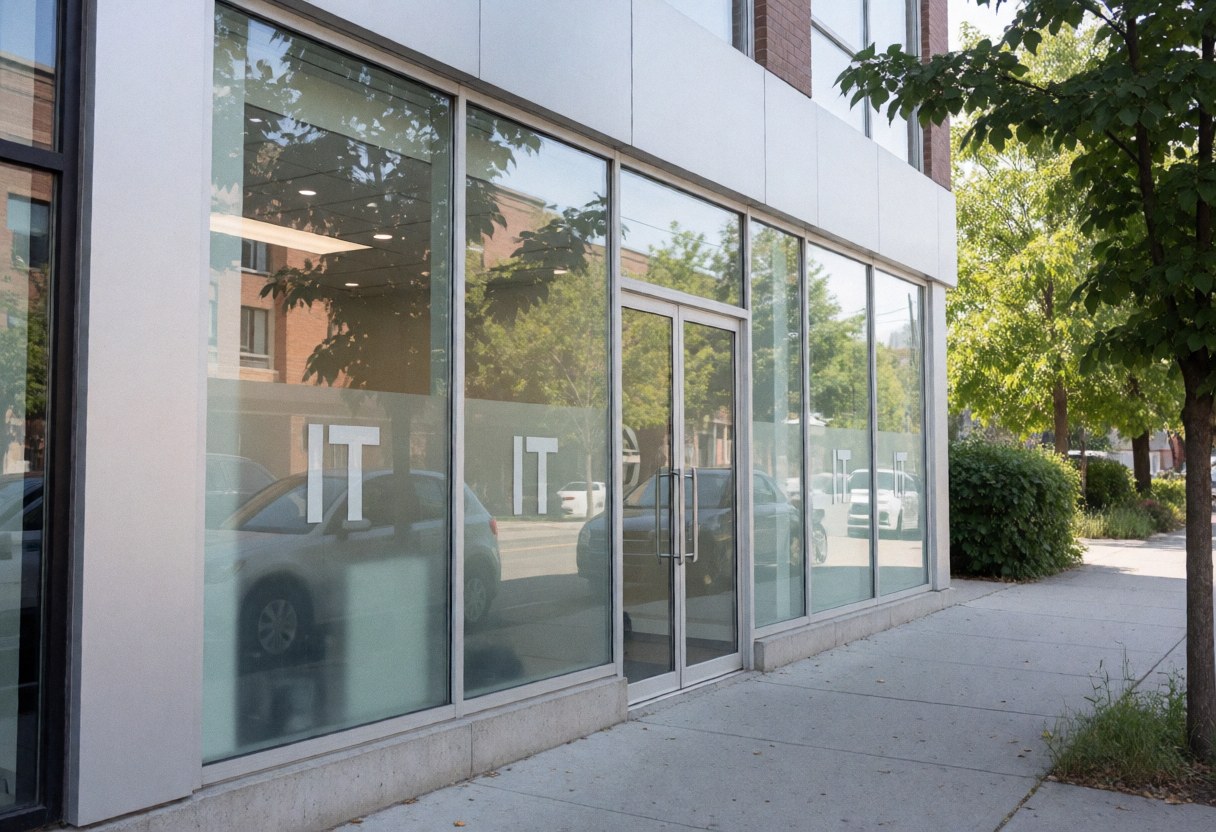 Modern IT support office building facade featuring large glass windows, glass doors, trees on the sidewalk, natural lighting, and a clean professional appearance.