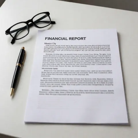 A financial report document lies on a clean white desk alongside eyeglasses and a pen, symbolizing corporate banking and business clarity.