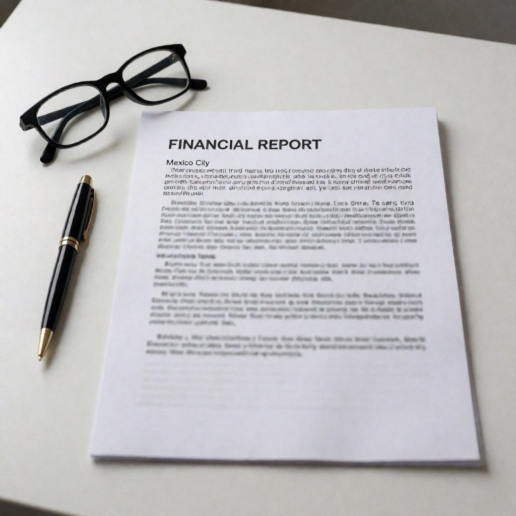 A financial report document lies on a clean white desk alongside eyeglasses and a pen, symbolizing corporate banking and business clarity.