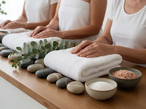 Clean spa setup featuring white towels, smooth stones, eucalyptus branches, and salt bowls arranged on a wooden surface for relaxation and wellness.