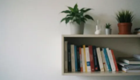 A clean bookshelf background featuring books and green plants, suitable for nutrition text with a professional and calm atmosphere