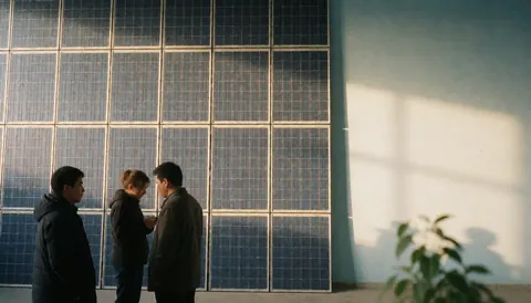 Close-up view of solar panels installed on a roof with warm lighting, providing a clean background for text
