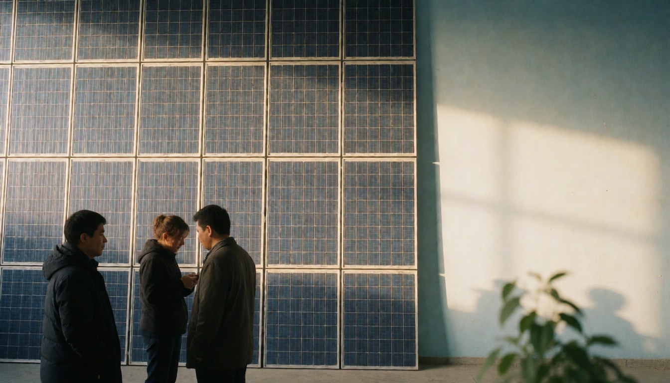 Close-up view of solar panels installed on a roof with warm lighting, providing a clean background for text