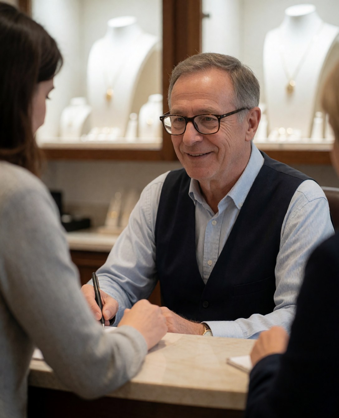 A smiling jewelry salesperson assists a customer at the store reception with jewelry displays and mannequins in the background.