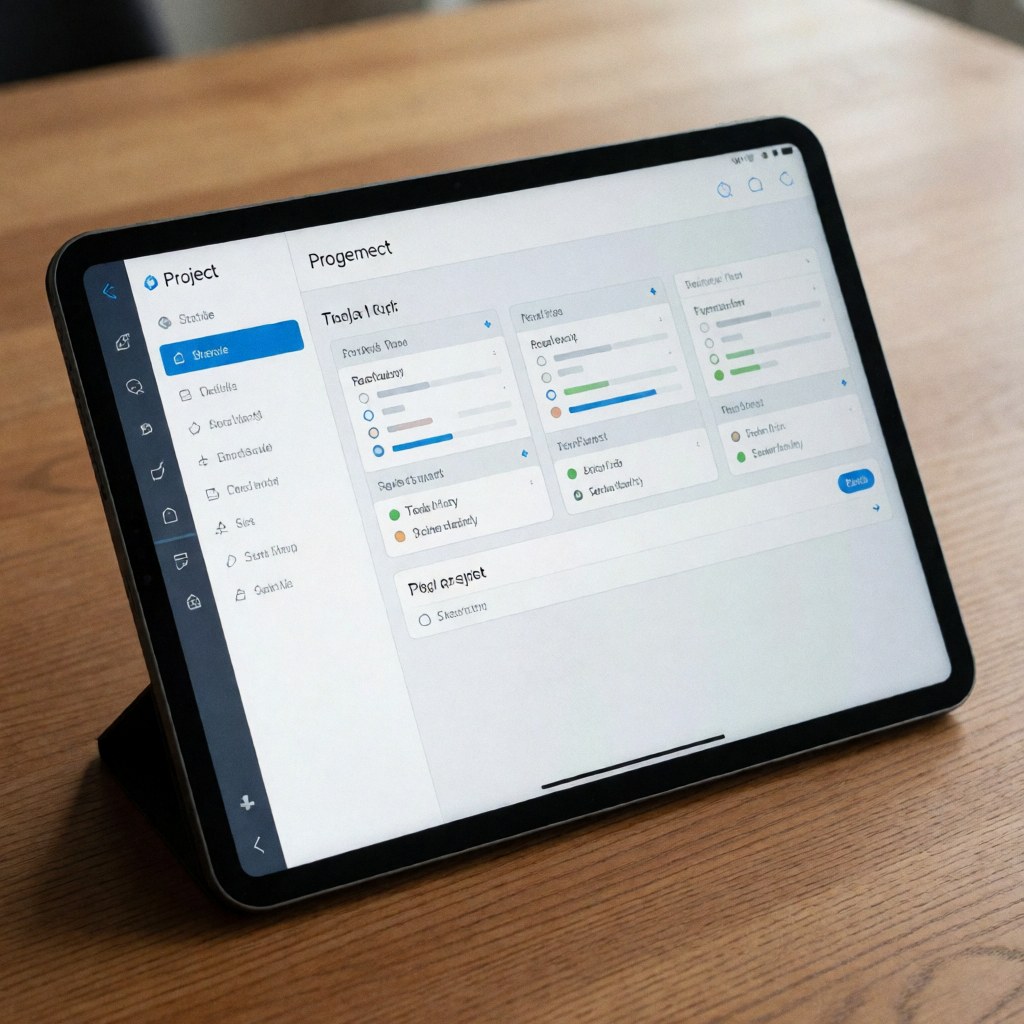 A tablet displaying a project management software interface with task lists and progress bars on a wooden desk