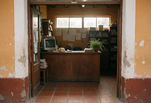 A welcoming storefront entrance featuring a reception desk, computer, plants, and warm terracotta walls illuminated by natural light.