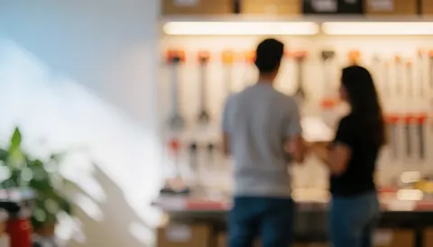 Soft focus interior of a hardware store featuring two people from behind, warm lighting, and empty space on the left for text overlay.