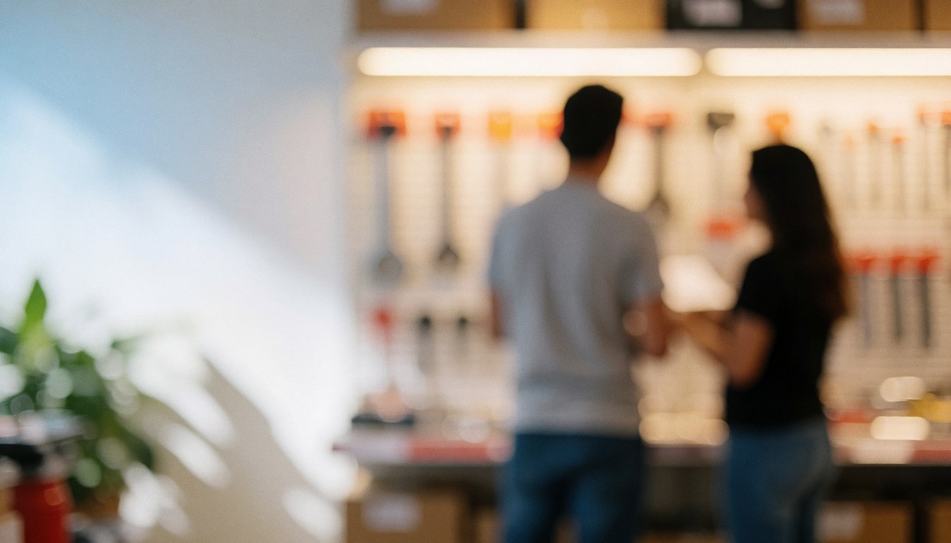 Soft focus interior of a hardware store featuring two people from behind, warm lighting, and empty space on the left for text overlay.