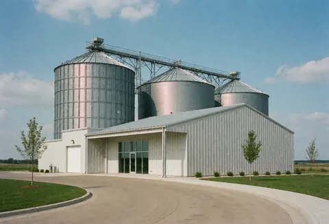 Modern grain warehouse featuring tall metal silos under a clear blue sky, with curved pavement and minimal surrounding vegetation.
