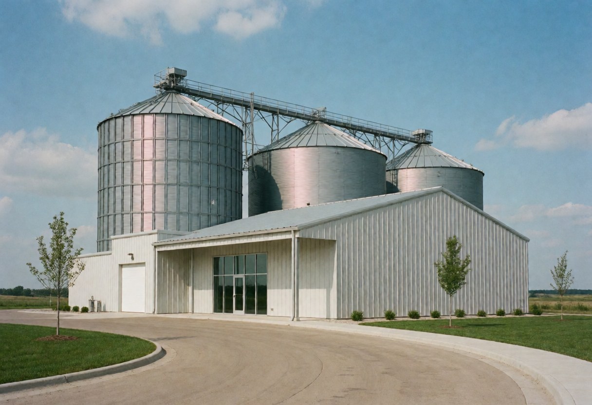Modern grain warehouse featuring tall metal silos under a clear blue sky, with curved pavement and minimal surrounding vegetation.