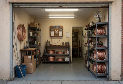 Street view of an air conditioning office featuring copper pipes, metal shelves, a vintage fan, and manuals on the wall.