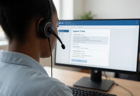 A woman wearing a headset and light blue shirt works on a computer with a support interface in a bright office with a white background.