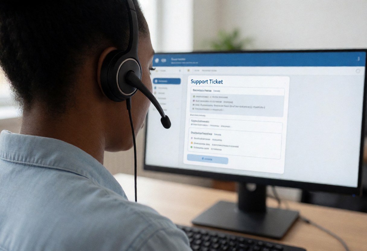 A woman wearing a headset and light blue shirt works on a computer with a support interface in a bright office with a white background.