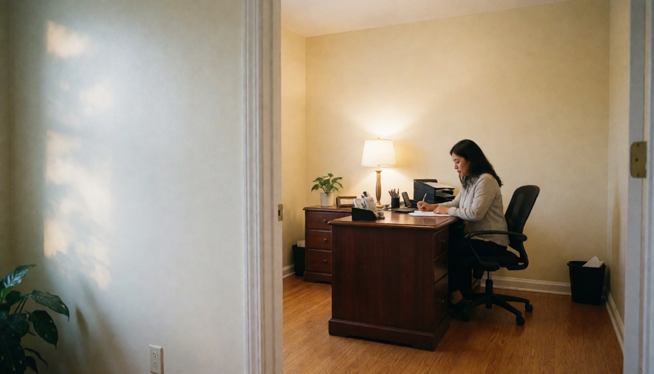 A female lawyer sits at a wooden desk in a bright, modern office, working on a computer with documents and a plant nearby
