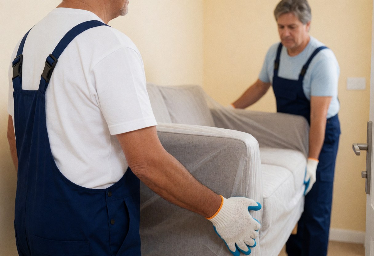 Two uniformed movers with gloves carry a sofa wrapped in a protective cover down an interior hallway with beige walls and natural light.